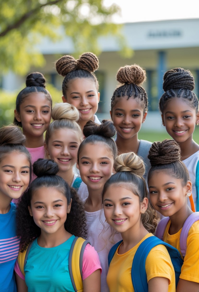Ten teenage girls standing together outdoors, each with a different bun or top knot hairstyle, smiling and dressed in casual clothes.