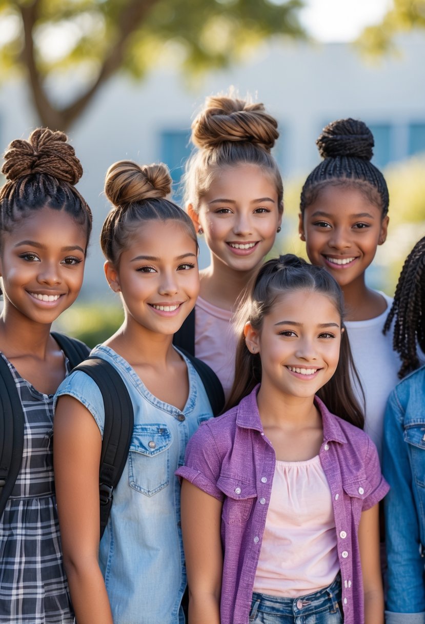 Five teenage girls standing outdoors smiling, each with a different half-up hairstyle.