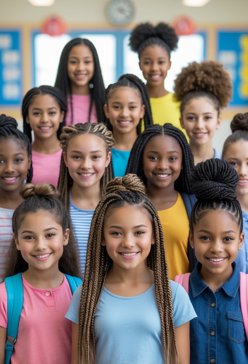 Ten teenage girls with different protective hairstyles standing together in a school hallway, smiling and looking confident.