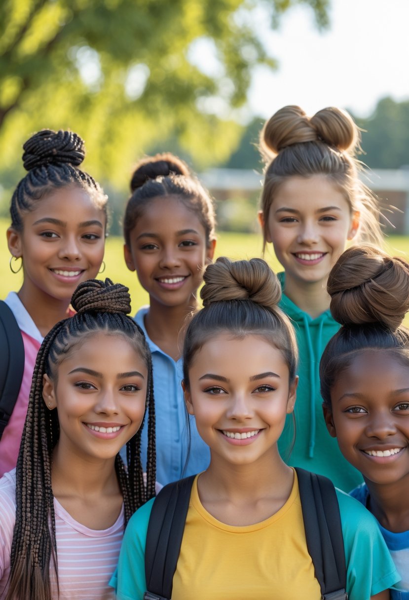 Five teenage girls outdoors smiling, each with a different hairstyle, standing together in a park-like setting.
