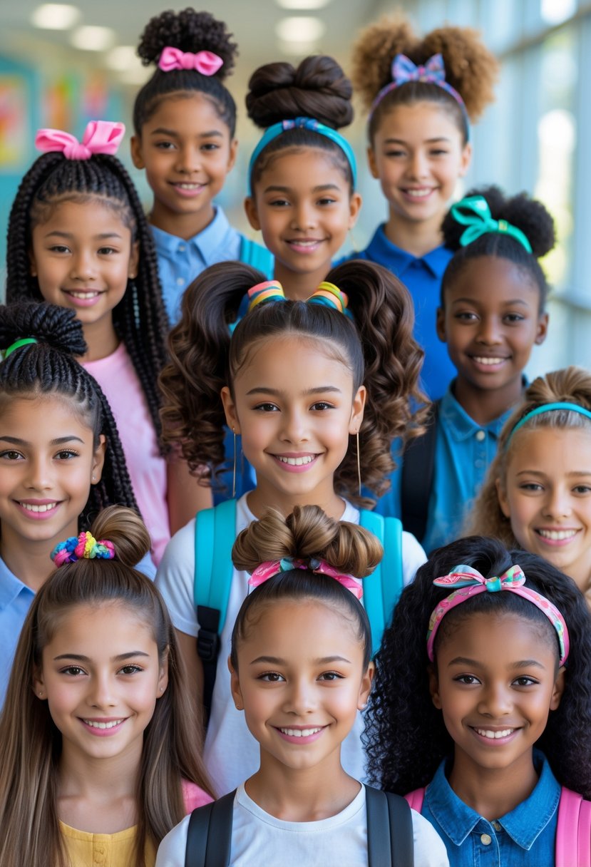 A group of teen girls showing ten different back to school hairstyles with various hair accessories in a school setting.