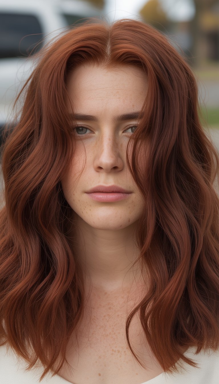 A close-up photo of a person with shoulder-length auburn wavy hair and natural skin texture, looking slightly off-camera.
