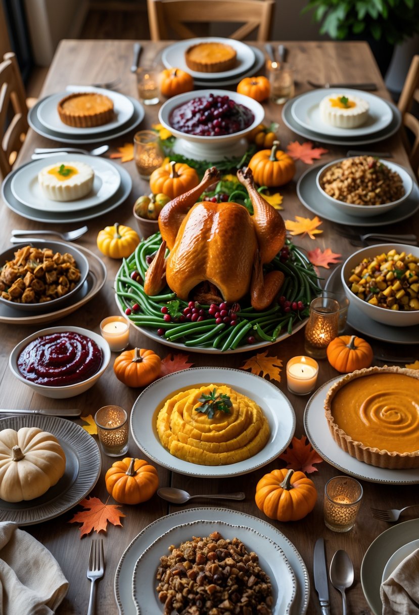 A Thanksgiving dinner table with various traditional dishes like roasted turkey, mashed potatoes, cranberry sauce, and pumpkin pie, decorated with autumn leaves and candles.