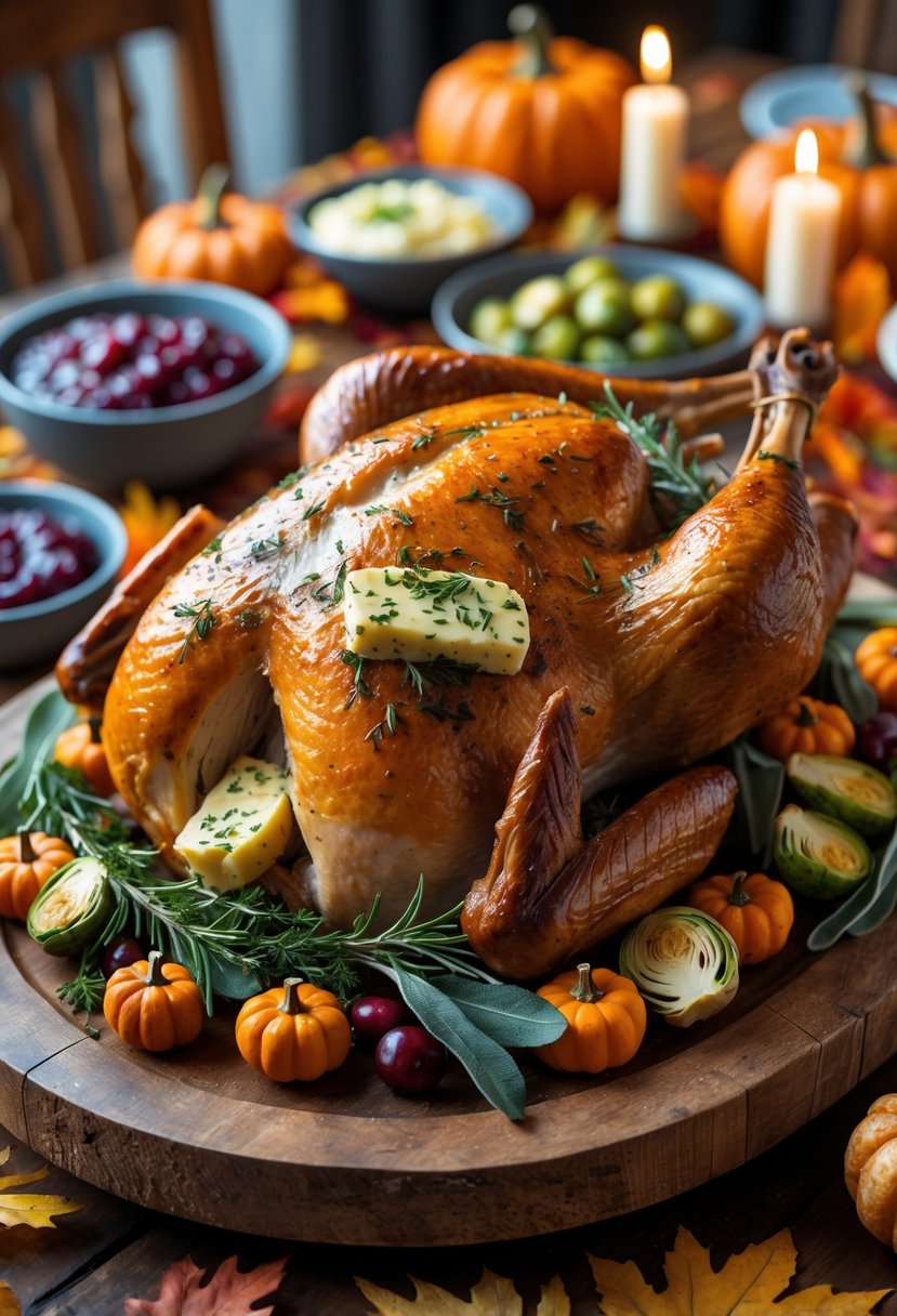 A roasted turkey with herb butter on a wooden platter surrounded by Thanksgiving side dishes and autumn decorations on a dining table.