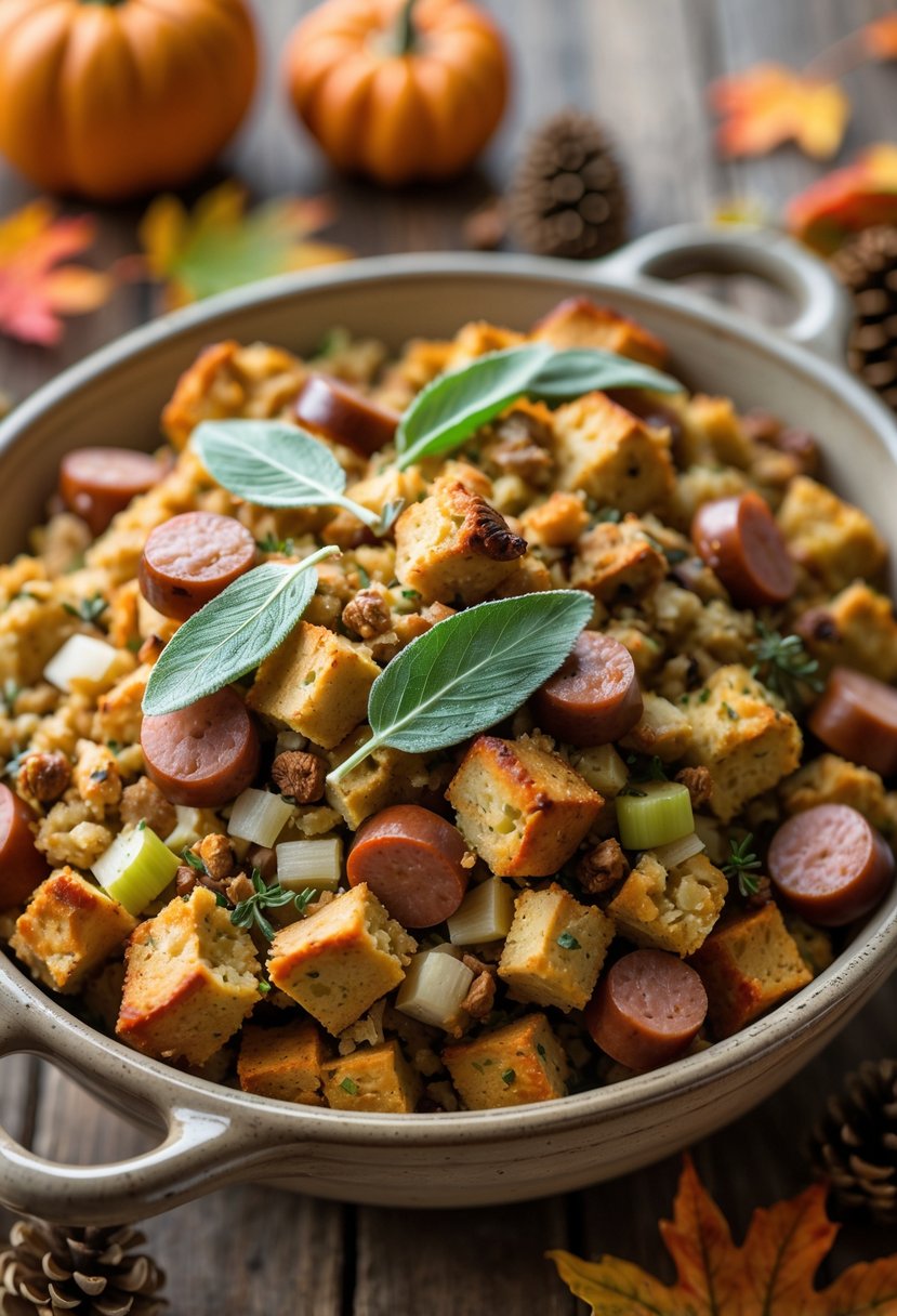 A bowl of classic Thanksgiving stuffing with sausage and sage on a wooden table surrounded by autumn decorations.