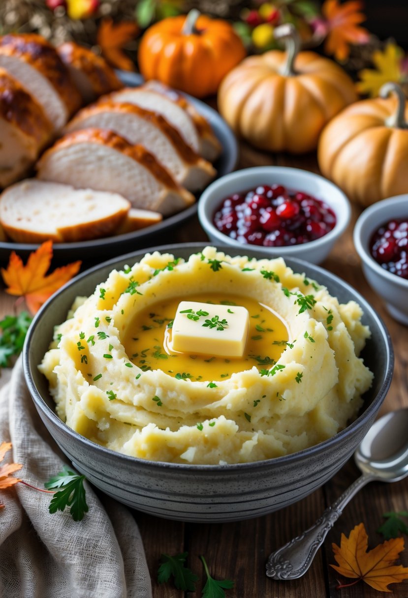 A bowl of creamy garlic mashed potatoes garnished with parsley and butter, surrounded by Thanksgiving meal items on a wooden table.