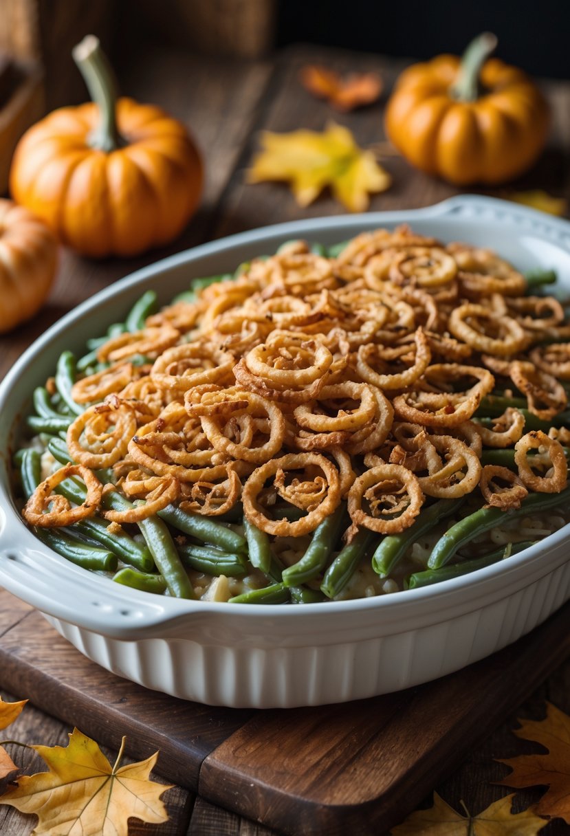 A green bean casserole topped with crispy fried onions in a white baking dish on a wooden table with autumn decorations around it.