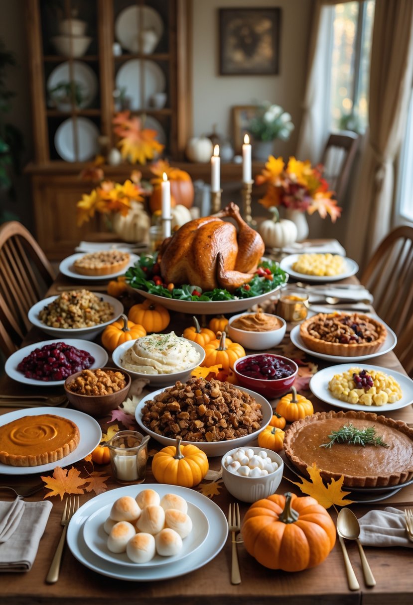 A Thanksgiving dinner table filled with a variety of traditional dishes and autumn decorations in a cozy dining room.