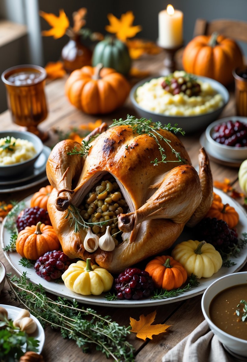 A herb-roasted turkey garnished with thyme and garlic on a dining table surrounded by Thanksgiving side dishes and autumn decorations.