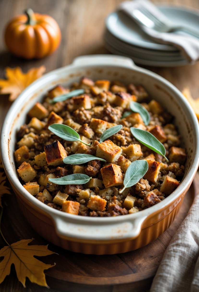 A close-up of a golden brown sausage and sage stuffing in a ceramic dish on a wooden table with autumn decorations around it.