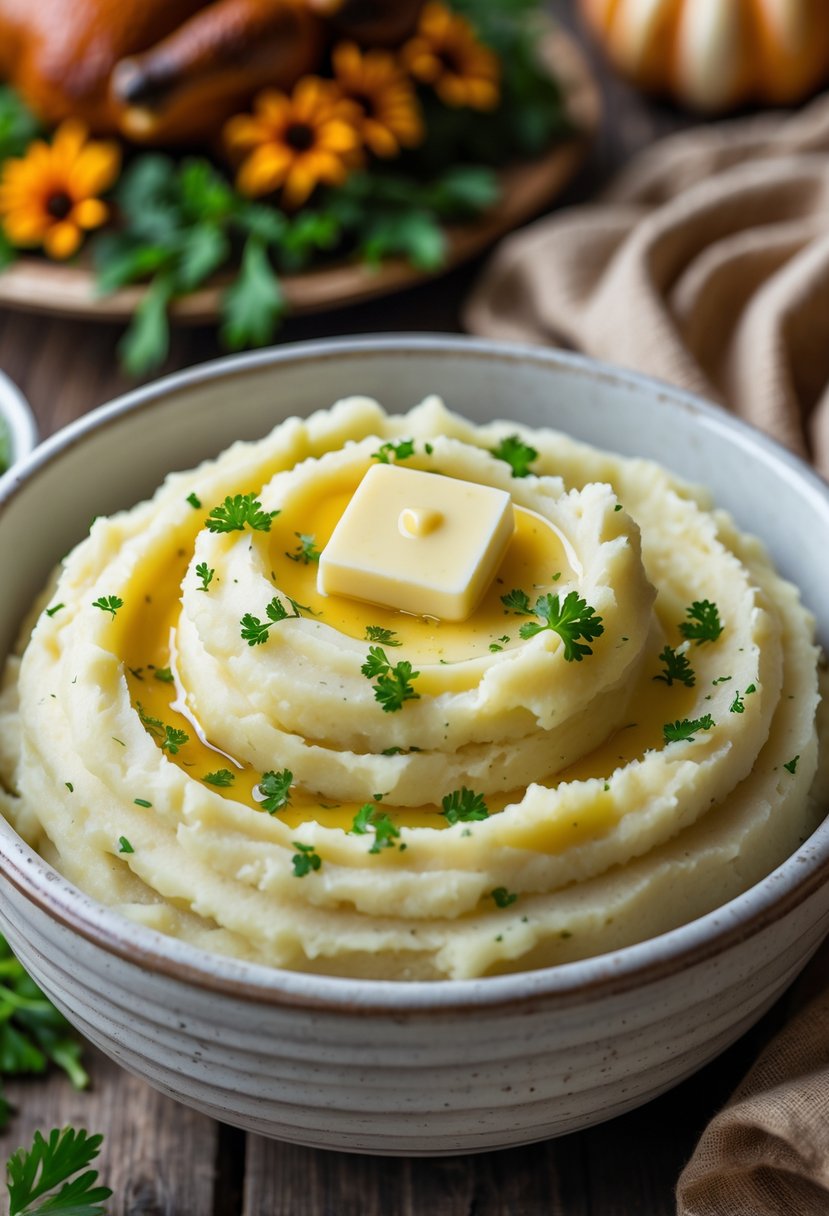 A bowl of creamy garlic mashed potatoes garnished with parsley and butter on a wooden table with a Thanksgiving dinner setting in the background.