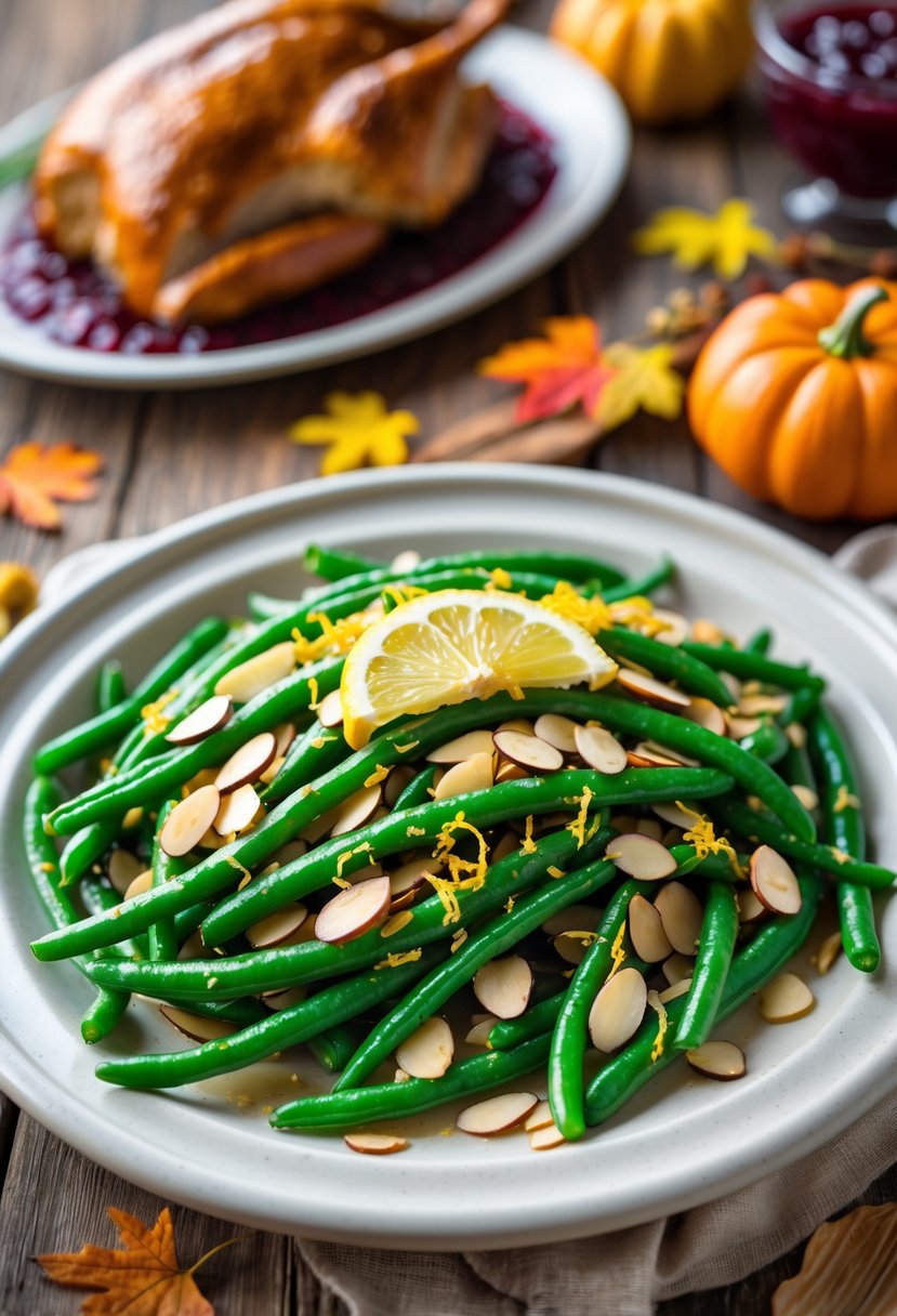 A serving platter of green beans with toasted almonds and lemon zest on a wooden table with Thanksgiving dishes and decorations in the background.