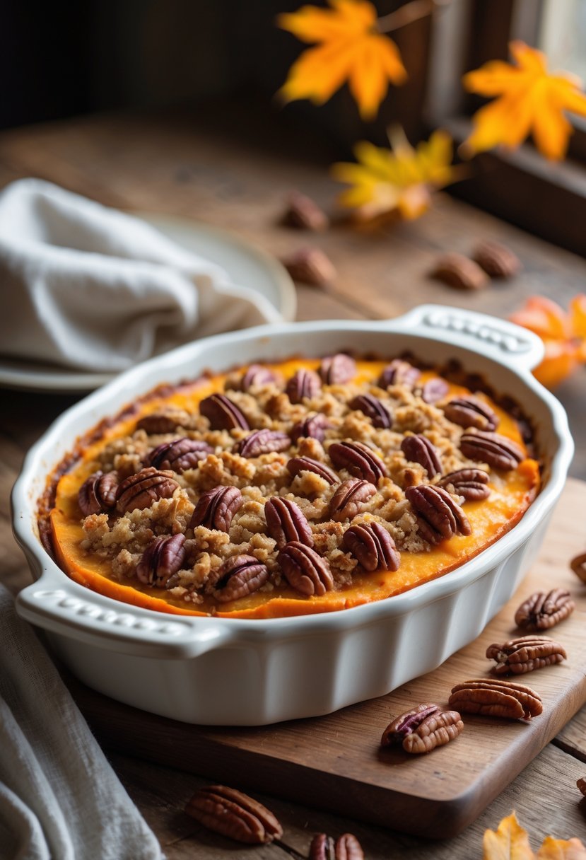 A sweet potato casserole with pecan topping in a white baking dish on a wooden table with autumn decorations around it.