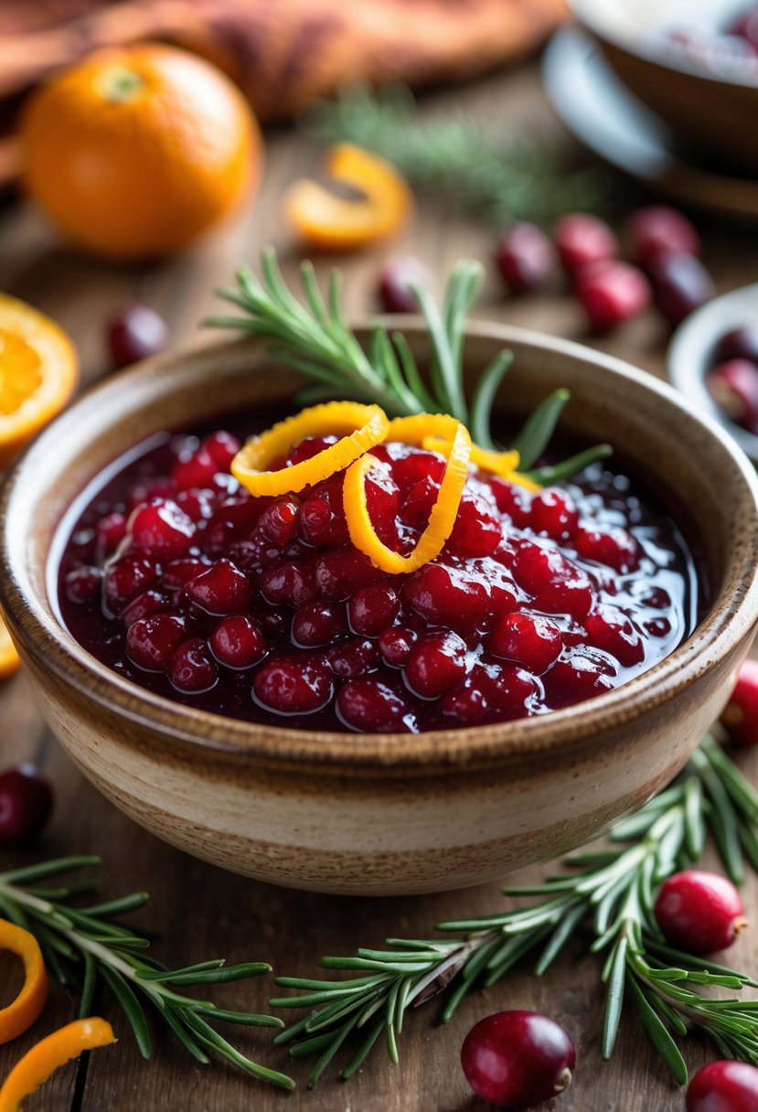 A bowl of cranberry sauce garnished with rosemary and orange zest on a wooden table with autumn decorations.