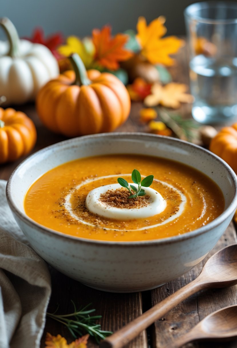 A bowl of butternut squash soup garnished with nutmeg on a wooden table surrounded by autumn decorations.