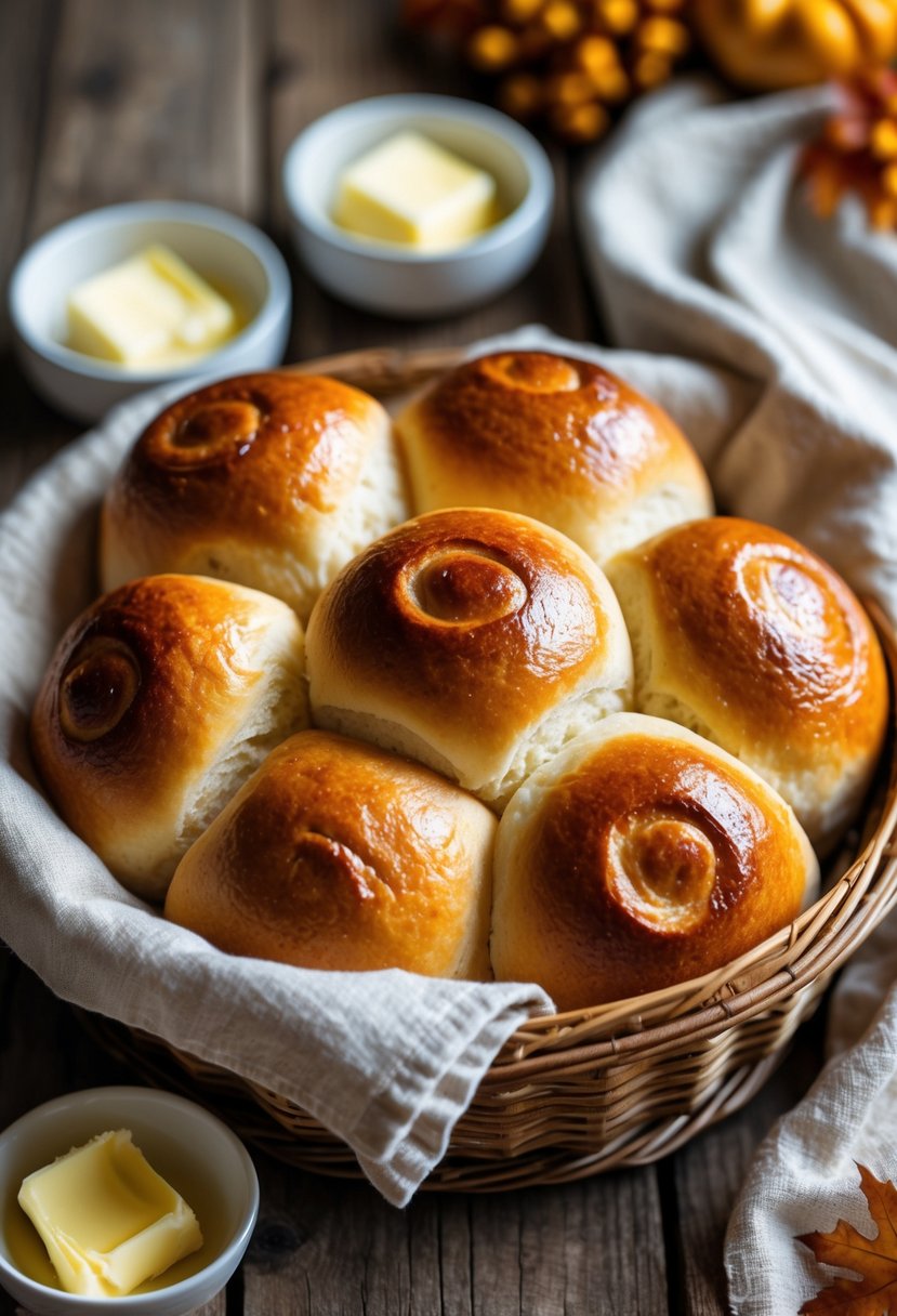 Basket of homemade golden brown dinner rolls with butter on a wooden table, surrounded by butter dishes and a napkin.