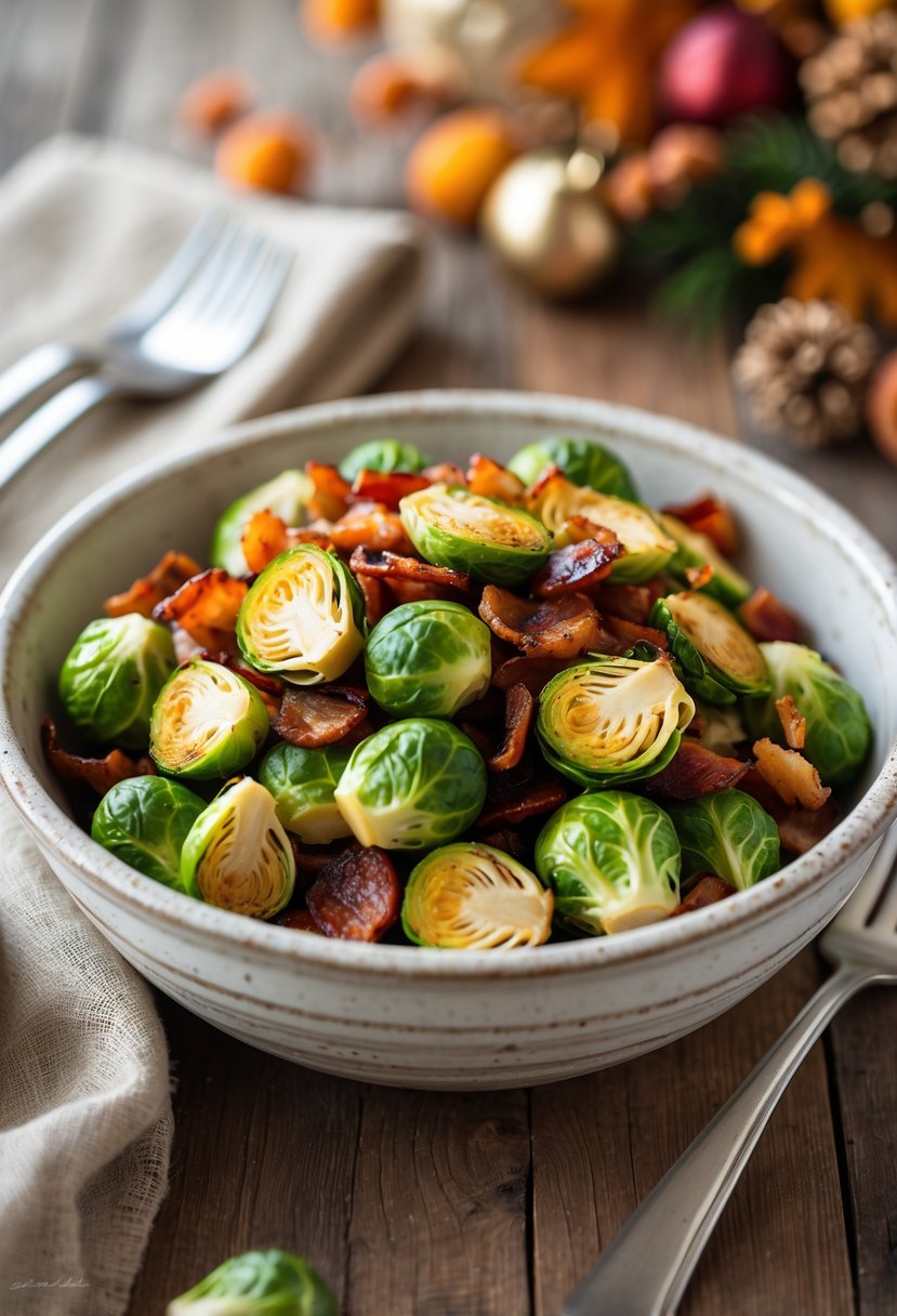 A bowl of roasted Brussels sprouts mixed with crispy bacon and caramelized shallots on a wooden table.