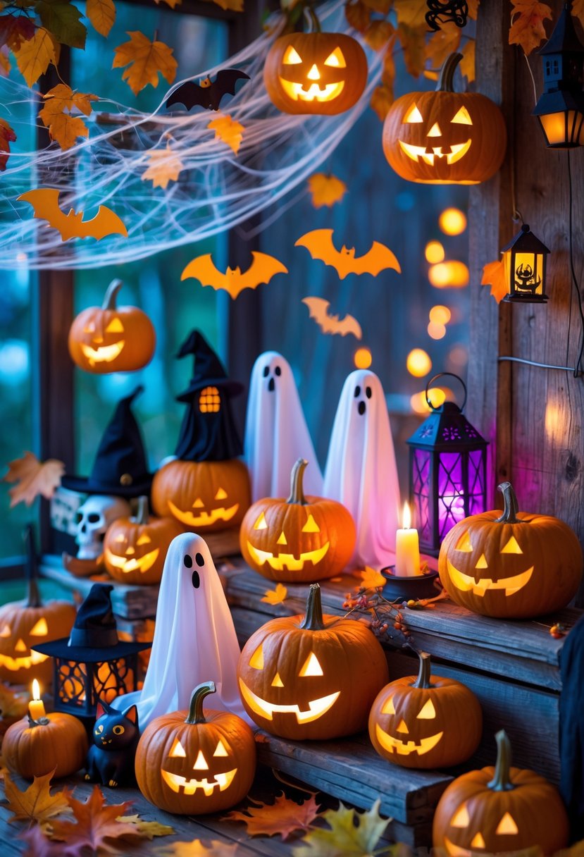 A collection of various Halloween decorations including carved pumpkins, paper bats, cobwebs, lanterns, ghost figures, autumn leaves, and fairy lights arranged on a wooden surface.