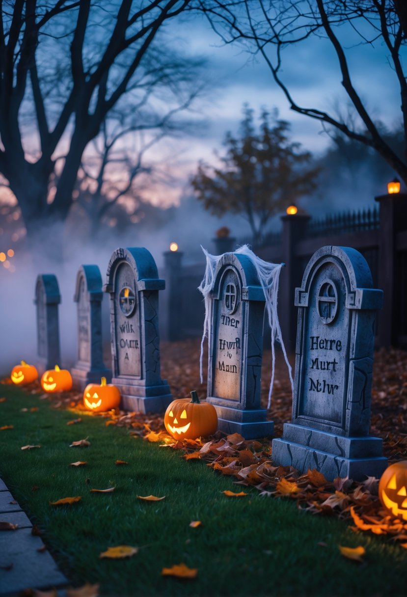 A yard with several DIY haunted tombstones surrounded by autumn leaves, jack-o'-lanterns, and fog under a twilight sky.