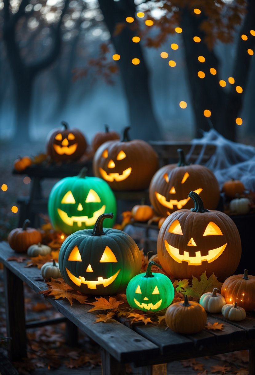 A group of glowing carved pumpkin lanterns arranged outdoors with autumn leaves and Halloween decorations.