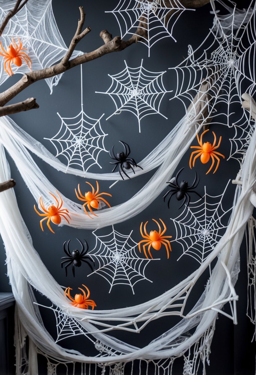 Spider webs decorated with colorful plastic spiders arranged for Halloween decoration.