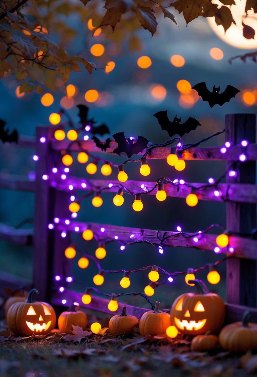 Outdoor Halloween scene with orange and purple string lights hanging on a wooden fence surrounded by pumpkins and autumn leaves.
