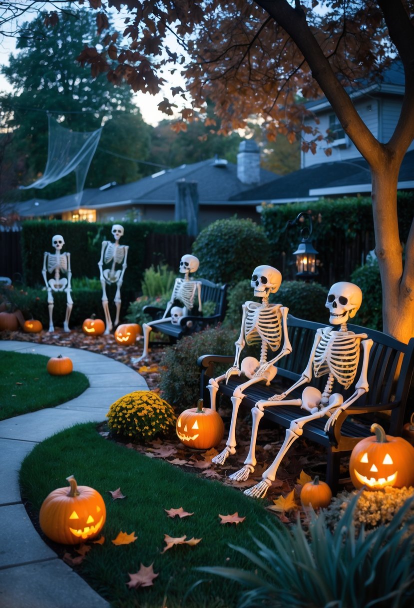A garden decorated with multiple skeletons posed in different positions among autumn plants and Halloween decorations during twilight.