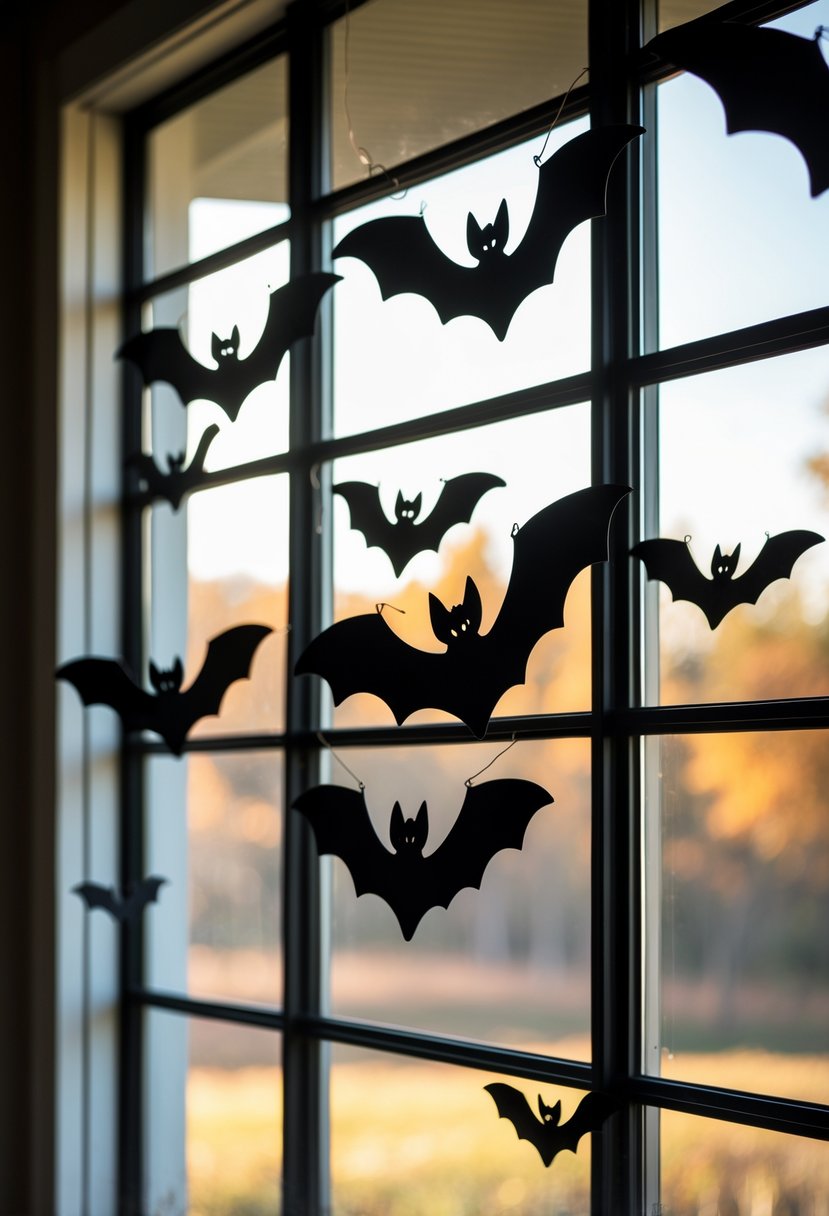 Black bat silhouettes attached to windows with an autumn landscape visible outside.