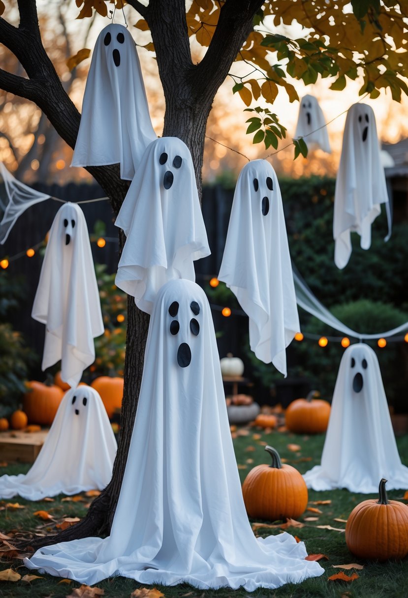 Several white sheet ghosts hanging outdoors among autumn leaves and pumpkins during twilight.
