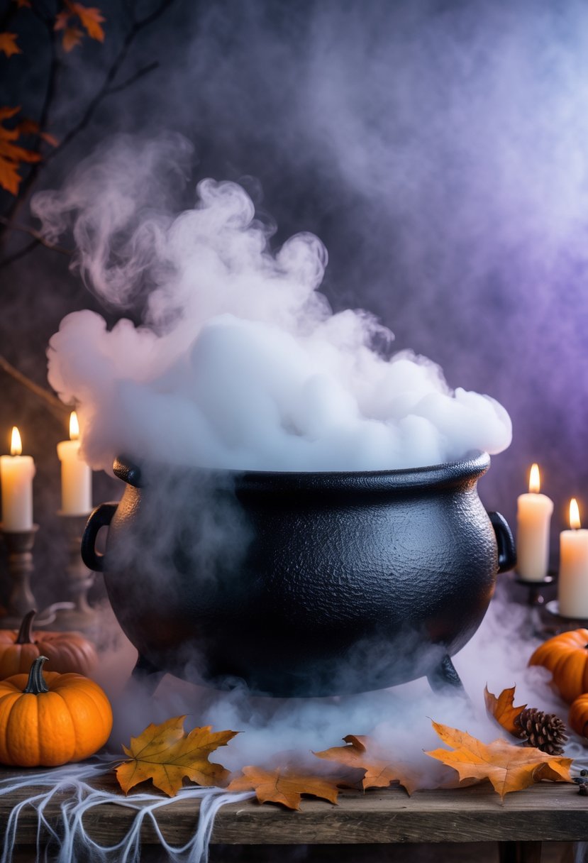 A black cauldron emitting thick fog surrounded by Halloween decorations like pumpkins, leaves, cobwebs, and candles on a wooden table.