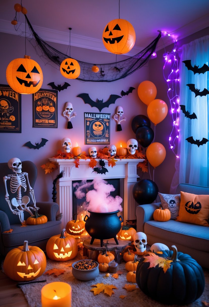 Indoor Halloween party scene with pumpkins, hanging bats, string lights, cobwebs, balloons, themed table settings, and festive decorations.