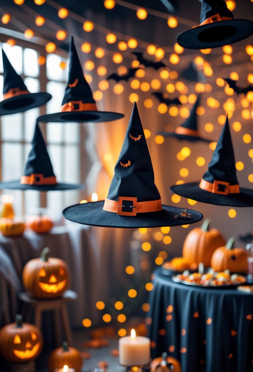 A Halloween party scene with multiple black witch hats floating in the air surrounded by warm lights and festive decorations.