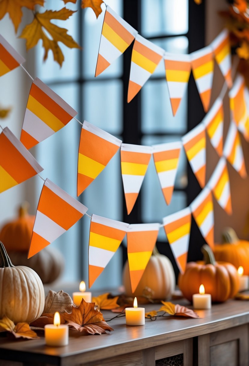A string of candy corn shaped bunting hanging indoors with pumpkins and candles in the background.