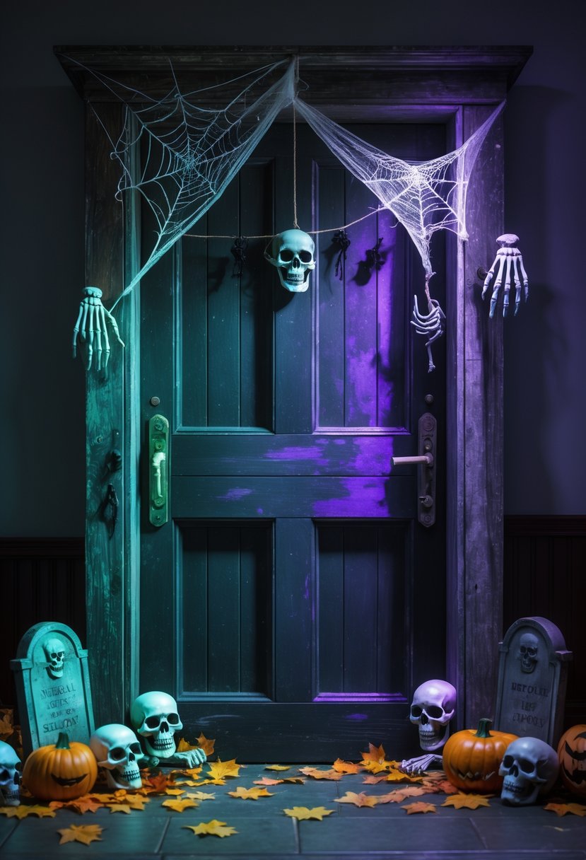 A decorated morgue door with Halloween decorations including cobwebs, skeleton hands, and spooky lighting.