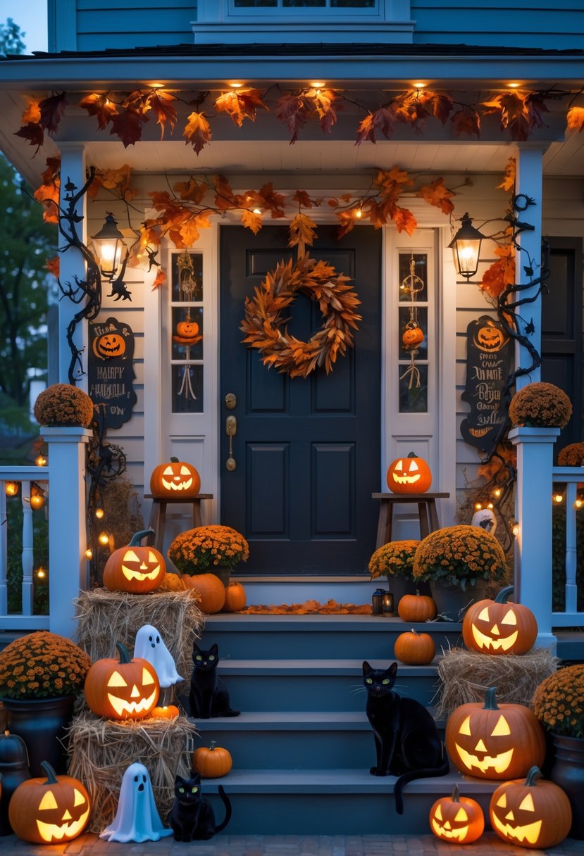 A front porch decorated with pumpkins, ghost ornaments, string lights, spider webs, hay bales, and autumn plants for Halloween.
