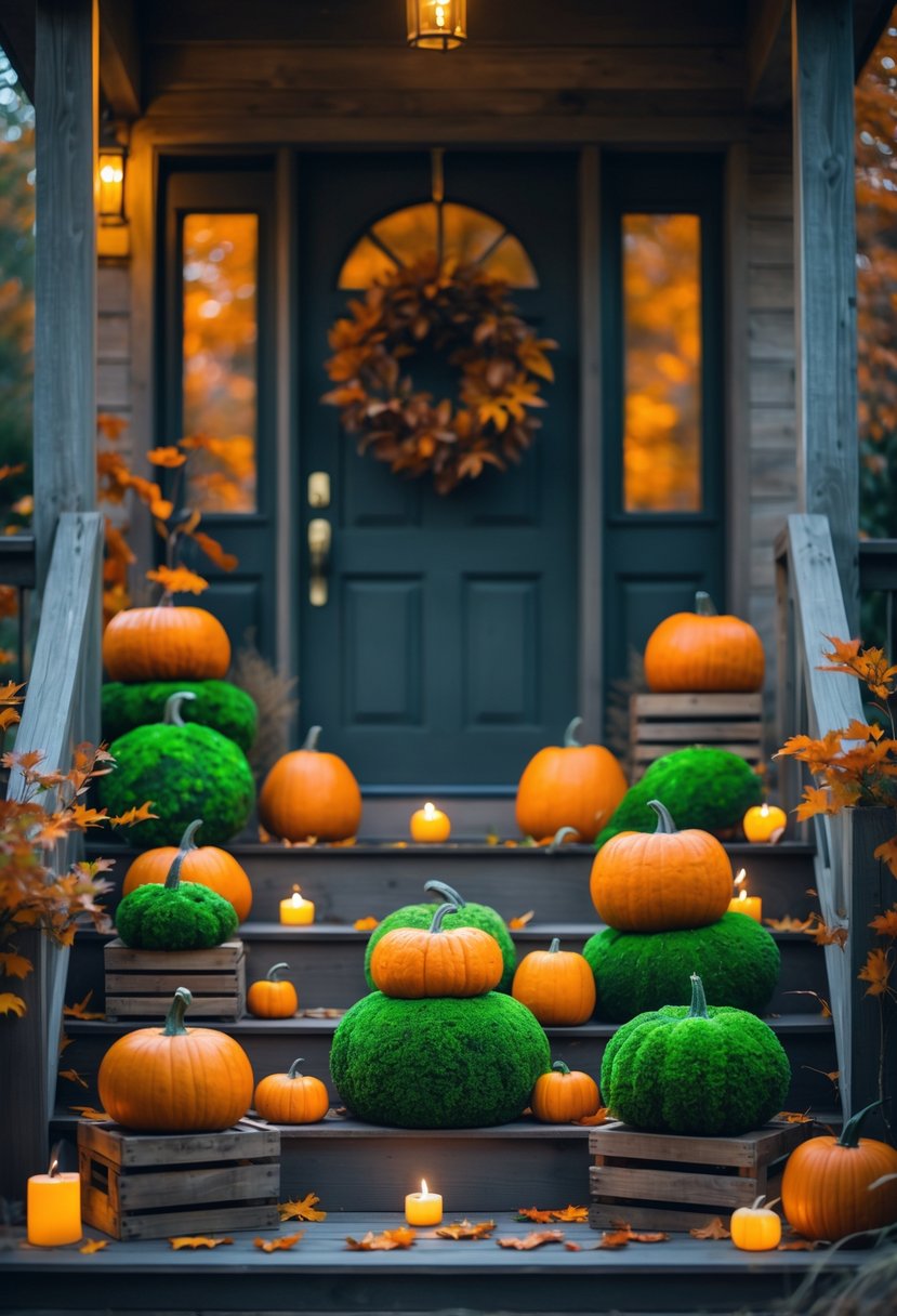A front porch decorated with moss-covered pumpkins, autumn leaves, and glowing lanterns creating a mystical Halloween scene.
