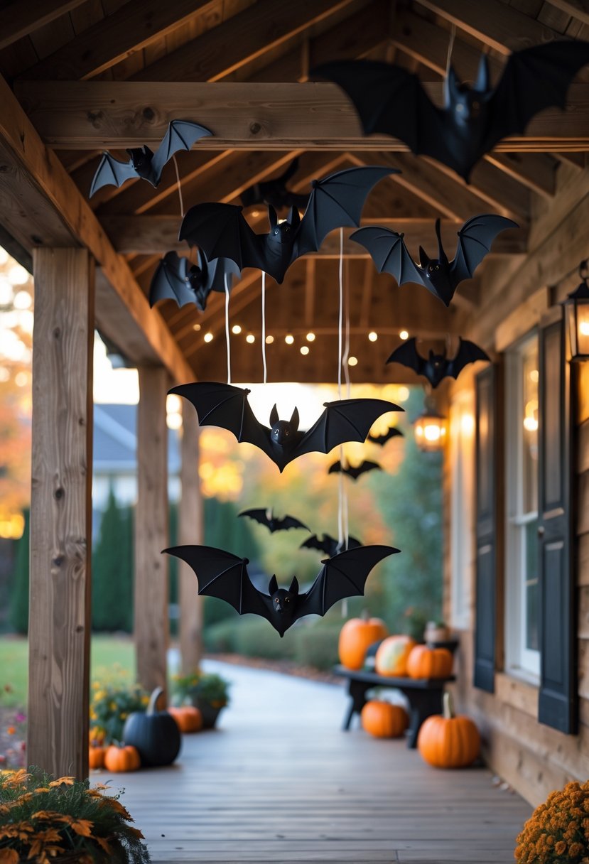 Front porch with several black faux bats hanging from wooden rafters and Halloween decorations like pumpkins and autumn leaves.