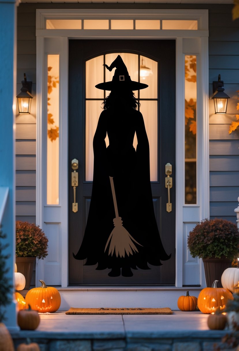Front porch with a wooden door featuring a black witch silhouette decal, surrounded by pumpkins and autumn decorations.