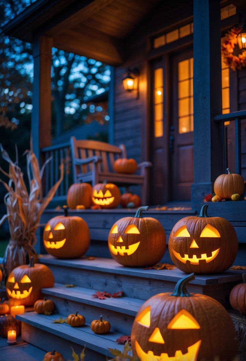 A front porch decorated with glowing jack-o'-lanterns lit by flickering LED candles and surrounded by autumn leaves and small gourds.