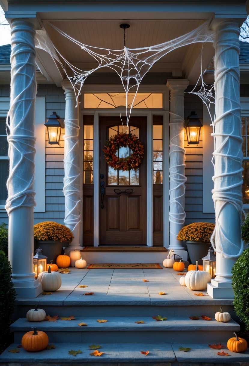 Front porch with columns covered in spider webs and Halloween decorations including pumpkins and lanterns.
