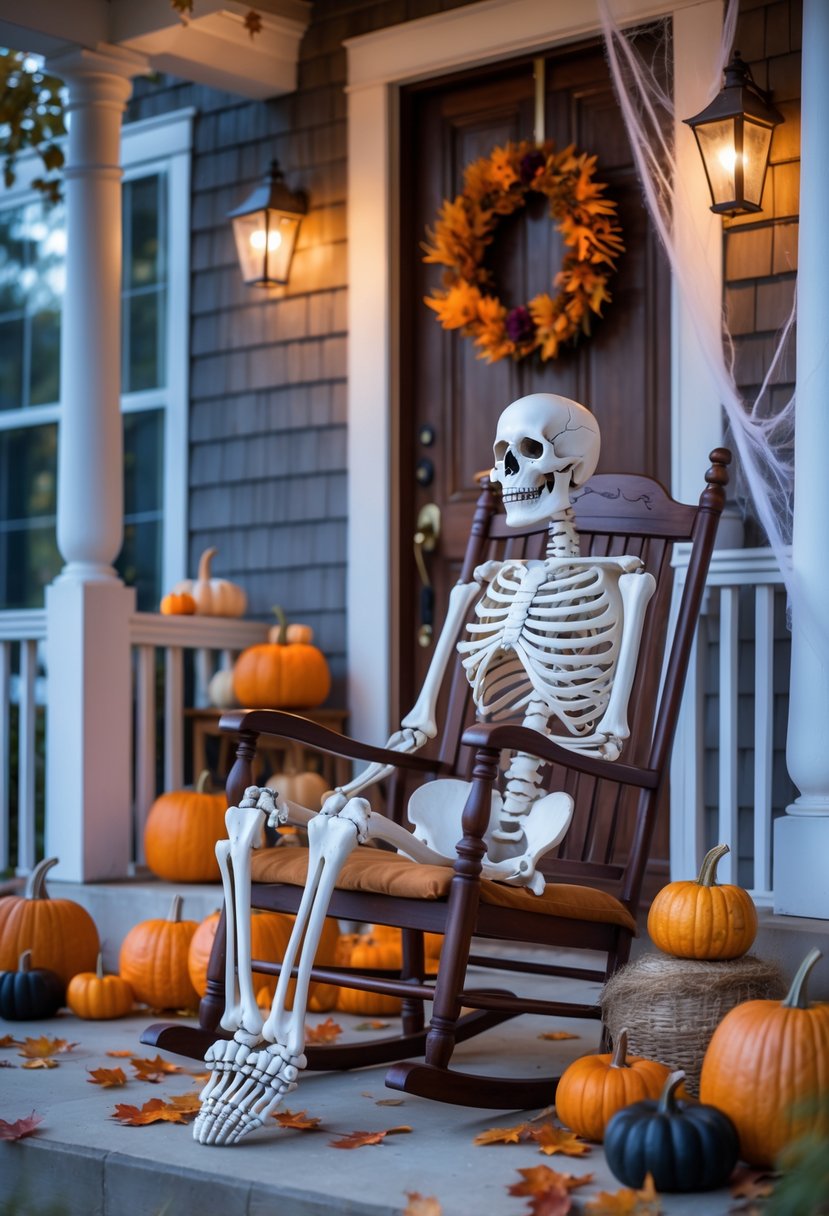 A skeleton sitting on a rocking chair on a decorated front porch with pumpkins and Halloween decorations.