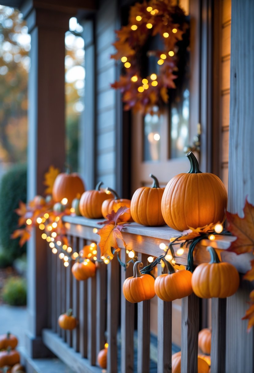 A front porch with a wooden railing decorated with a garland of small orange pumpkins, autumn leaves, and warm lights.