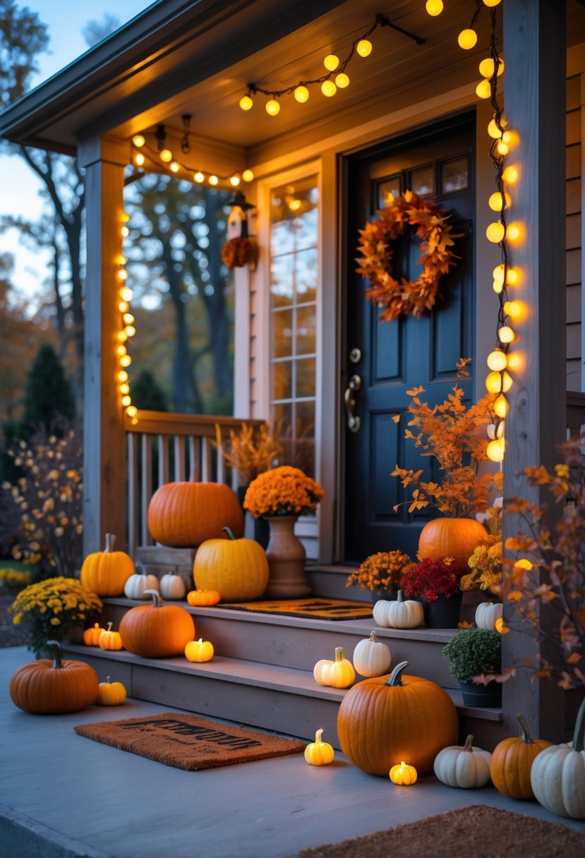 Front porch decorated with autumn-colored LED string lights, pumpkins, and fall foliage for Halloween.