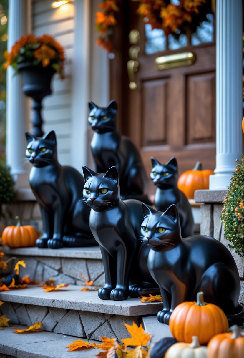 Black cat figurines arranged near front porch steps decorated for Halloween with pumpkins and autumn leaves.