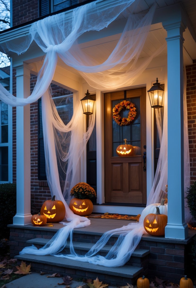 A front porch decorated for Halloween with white gauze hanging from the ceiling, carved pumpkins, cobwebs, and autumn leaves.