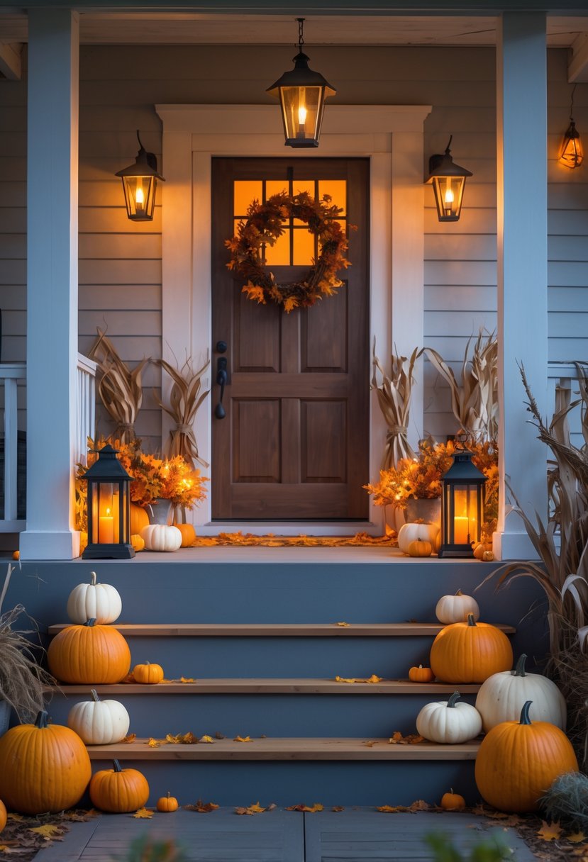 Front porch decorated with vintage lanterns glowing orange and autumn decorations for Halloween.