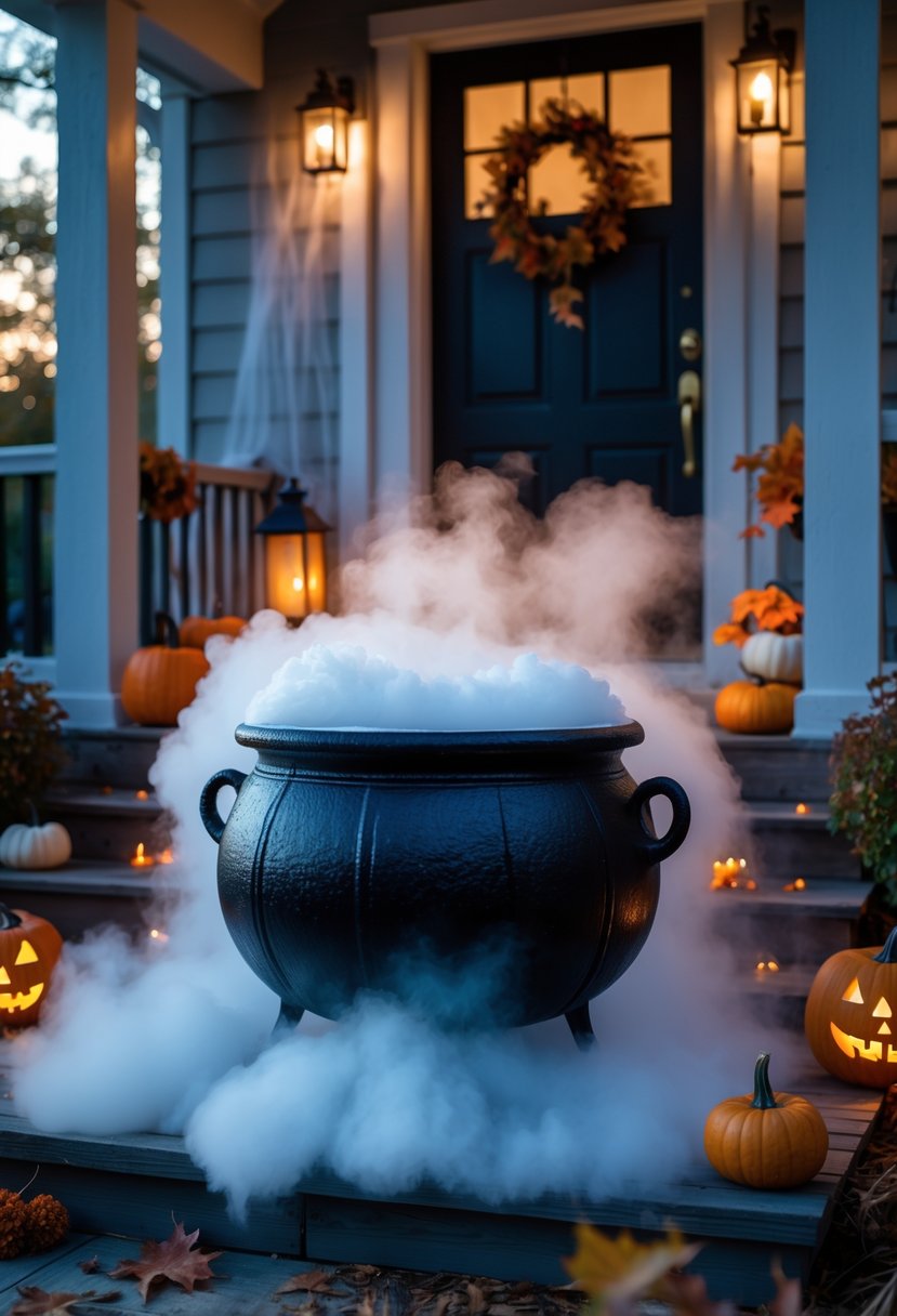 A Halloween front porch with a black cauldron emitting fog from dry ice, surrounded by pumpkins and autumn decorations.