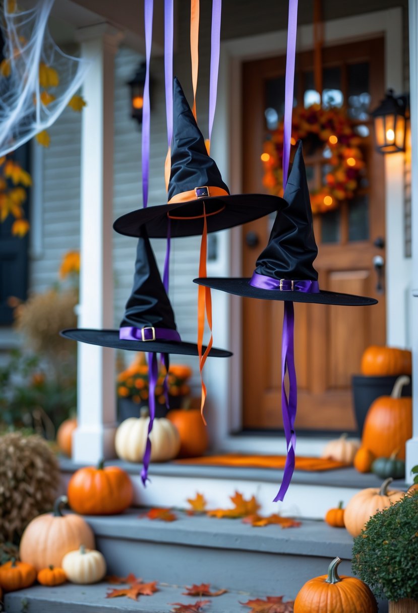 A front porch decorated with hanging witches hats tied with ribbons, pumpkins, and fall leaves.