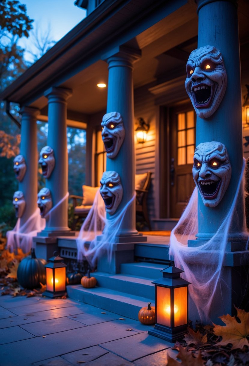 Front porch decorated with multiple spooky face masks attached to porch pillars and Halloween decorations around.