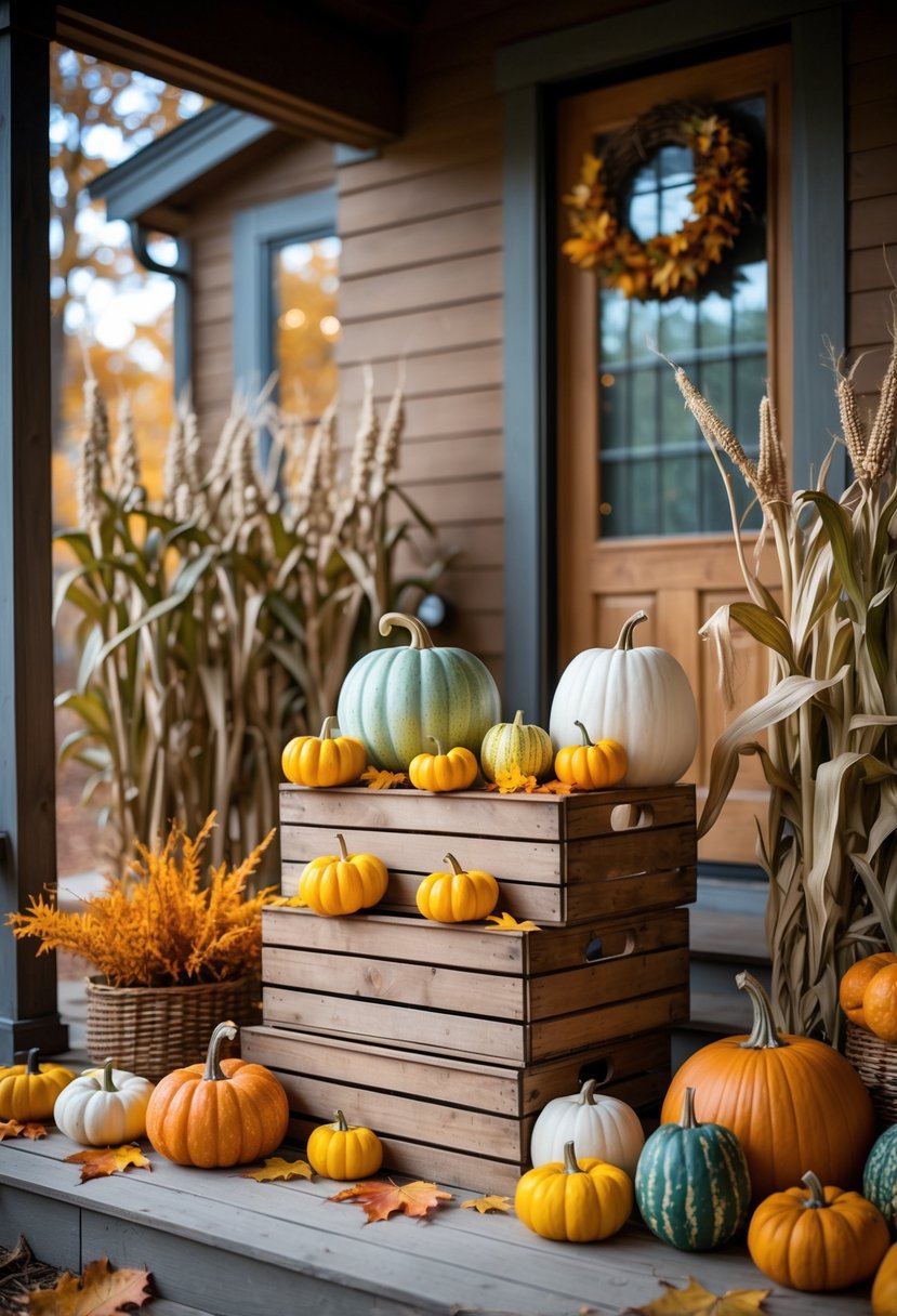 Stacked rustic wooden crates filled with colorful gourds and pumpkins on a front porch decorated for fall.